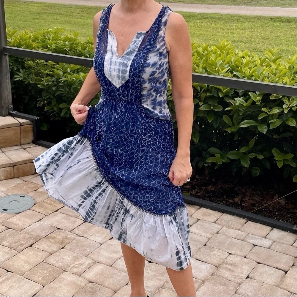 Anthropology Midi Tie Dye batik dress cotton ruffles fringe boho Size Small‌‍‍